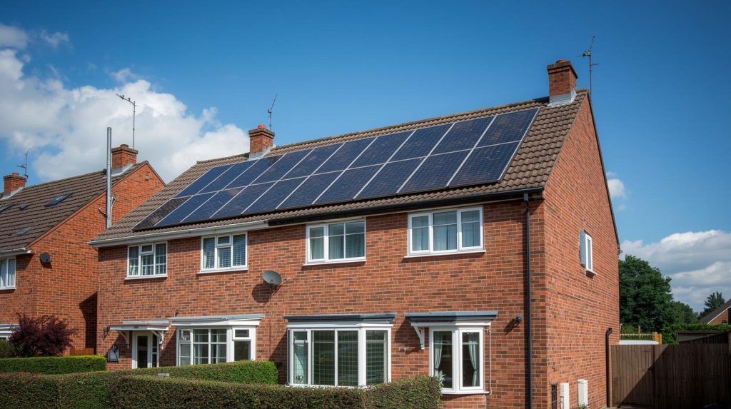 show me an image of a quintessential uk house with a solar panel on it (1)